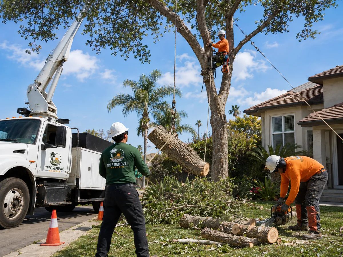 Tree crew lowering a cut trunk section during residential removal