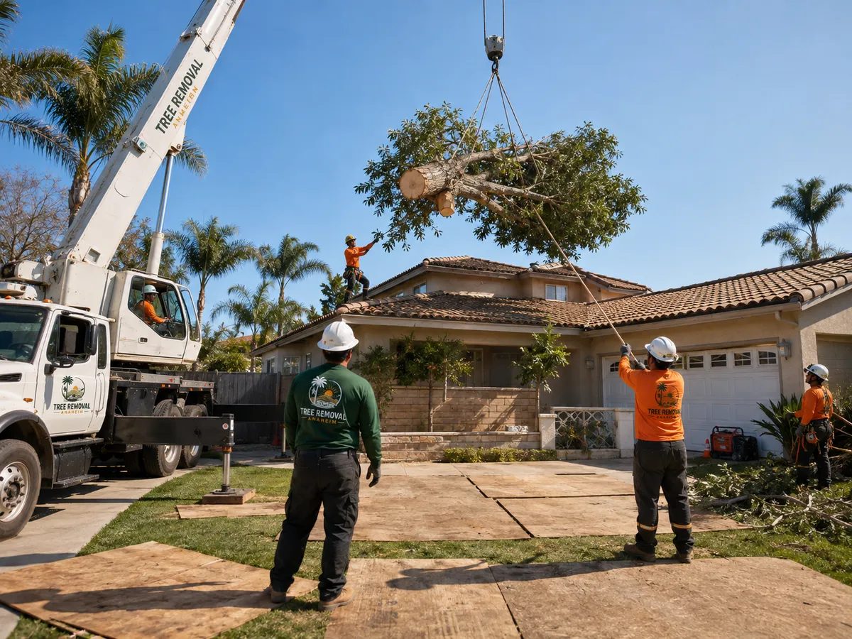 Crane lifting a large cut tree section over a residential property