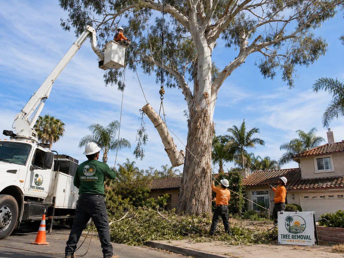 Large tree removal using an aerial lift and controlled rigging