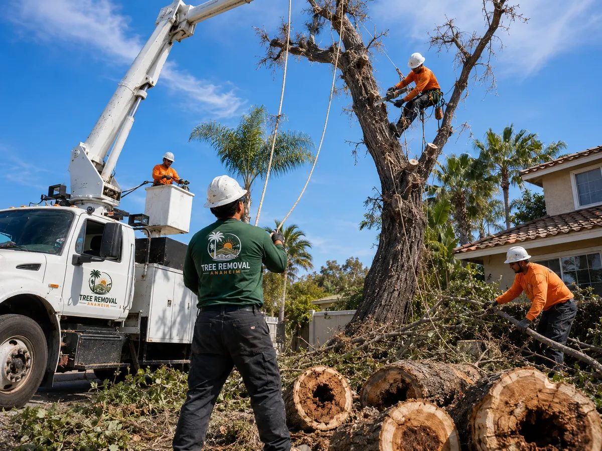 Tree removal crew rigging cut branches beside a home
